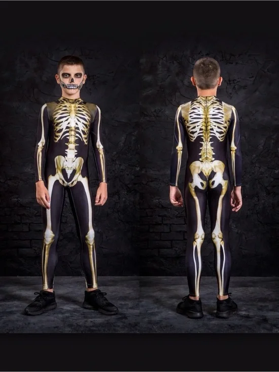 BADINKA Etsy Kids Skeleton Bodysuit Costume | Size XXS 3–4 | Black & Gold Lycra