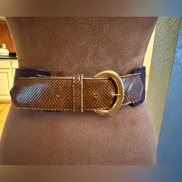 VTG Brown Snake-Texture Navy Fabric Waist Belt Gold Buckle