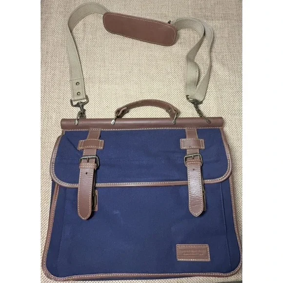 Tommy Hilfiger Navy Canvas‎ Double Flap Over Messenger Bag Leather Business Case