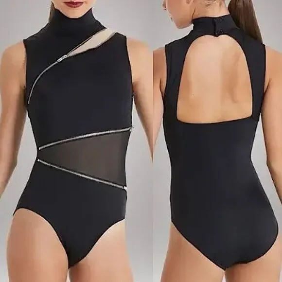 Weissman Elite dance costume black Zipper Detail Leotard MT11416 MA-Medium adult