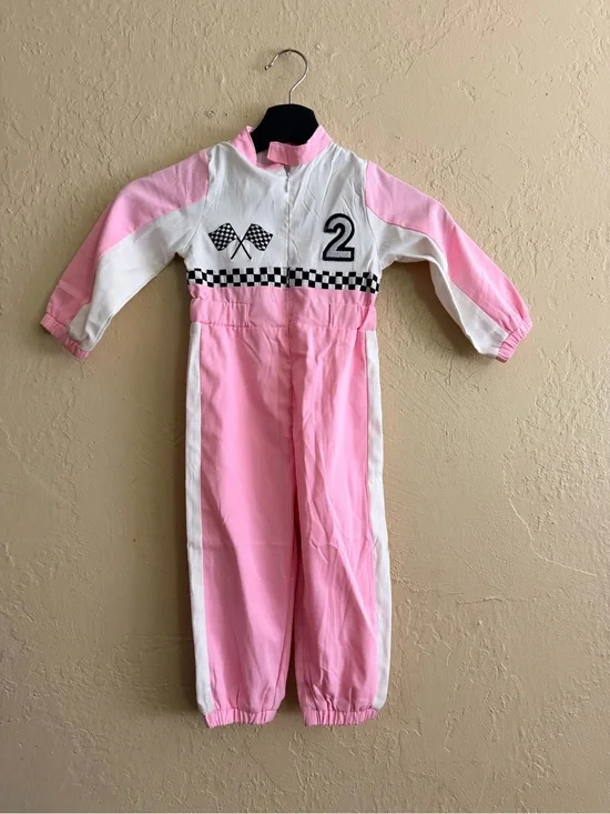 Costume Pink & White Racing Jumpsuit with Checkered Detail