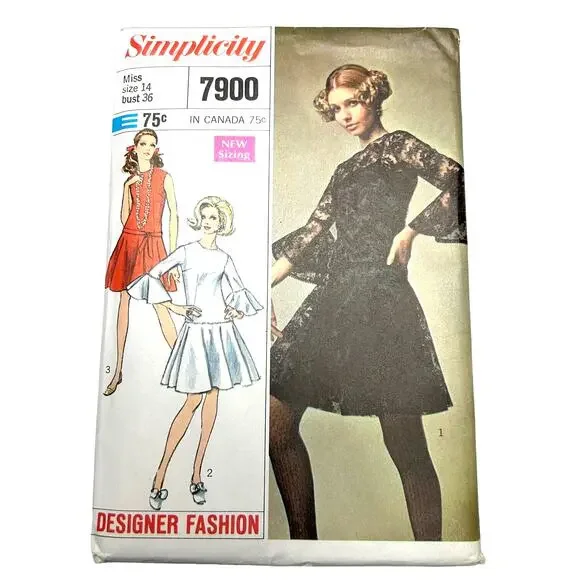 Simplicity Designer Fashion Vintage 1968 Pattern #7900 Misses Dress Slip Size 14
