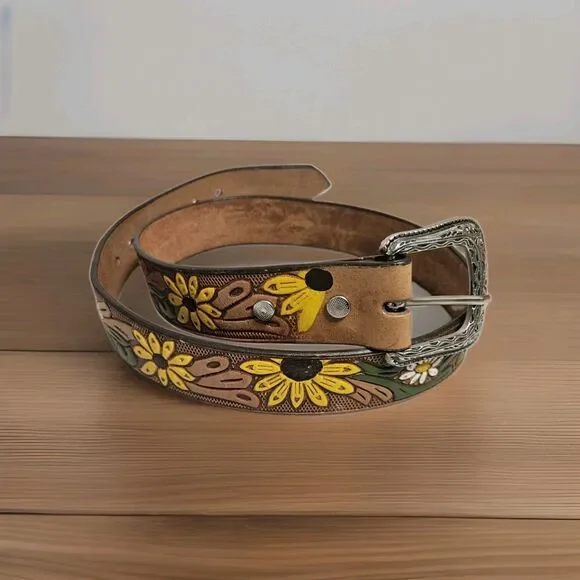 Hand Painted Sunflower Tooled Leather Belt Western Cowgirl Boho Made In Mexico