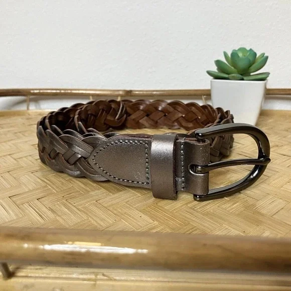 Bonded Leather Belt Woven Braided Womens L Neutral Silver Tone Metallic Metal