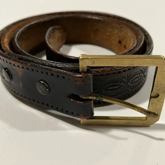 Vintage - brown, leather‎ tooled belt, brass hardware