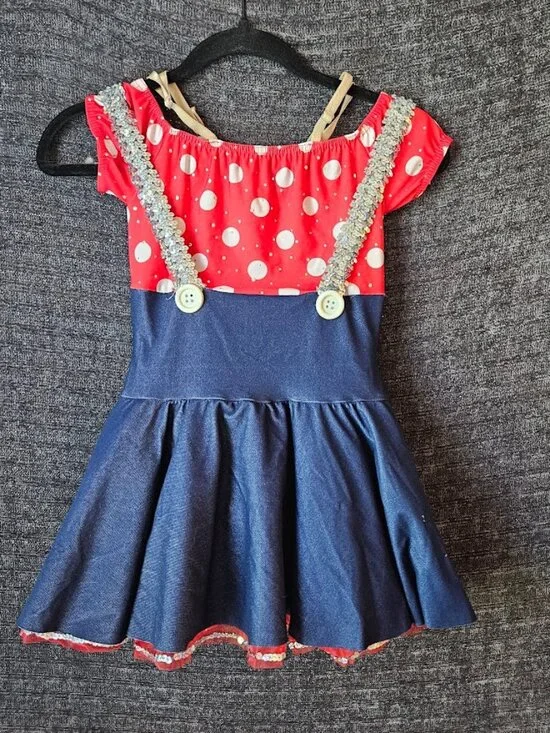 Choo Choo Boogie Dance Costume Dress Red Polka Dot Blue Girls Size 11-12