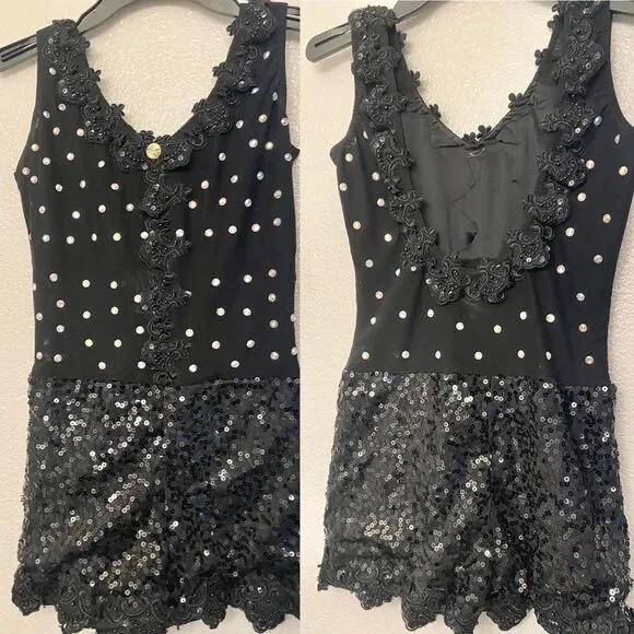 Glamour solo dance costume black mesh biketard bling jazz musical MA adult