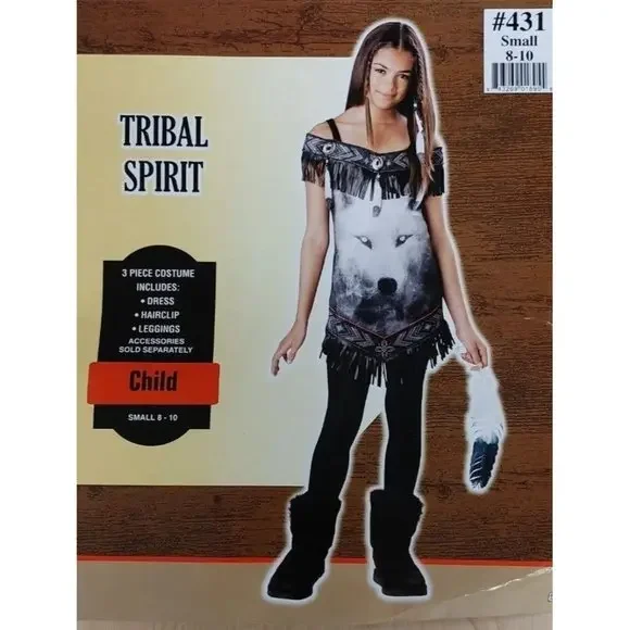 Tribal Spirit Indian Shirt Girls In Spirit Halloween Costume Wolf Face Size‎ 8