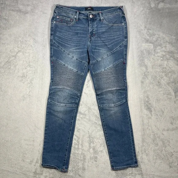 True Religion Rocco Moto Jeans Mens 32(34) Blue Relaxed Skinny Ribbed Knee