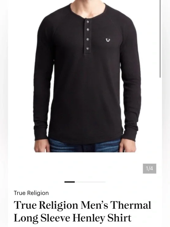 True Religion Black Long Sleeve Henley Thermal Shirt size L
