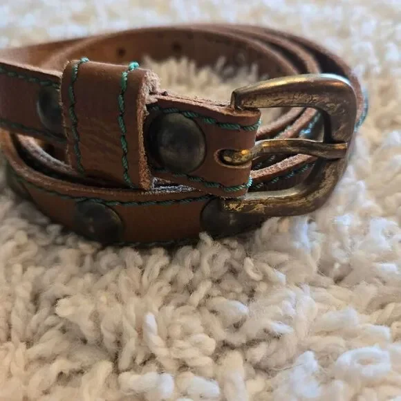 Vintage Leather Skinny Belt Big Rivets Brown Large