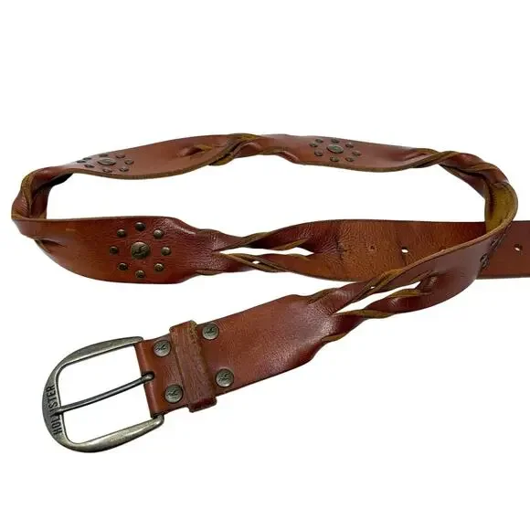Vintage Y2K Hollister Cognac Brown Leather Belt Women's Size Large Rivet Detail
