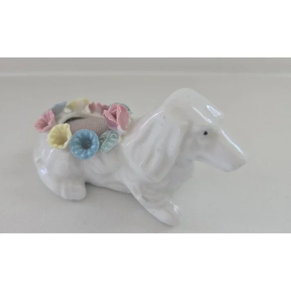 Vintage Porcelain Dachshund Pin Cushion White Ceramic Floral Dog Figurine