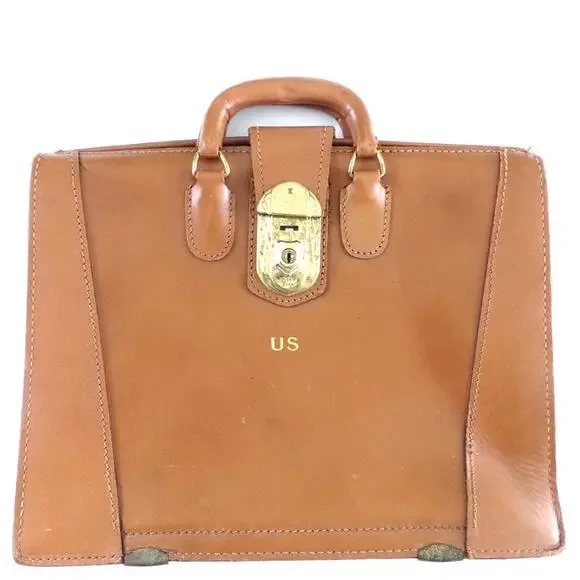 Vintage Leather Satchel Doctor Lawyer Scholar Briefcase US Yale Lock 1950s Tan