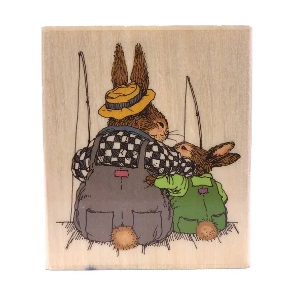 HOLLY POND HILL Susan Wheeler Wood Rubber Rabbit Stamp Fishing Buddies