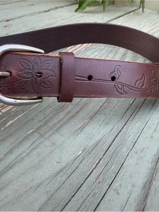 Brown Embossed Leather Belt with Floral Design