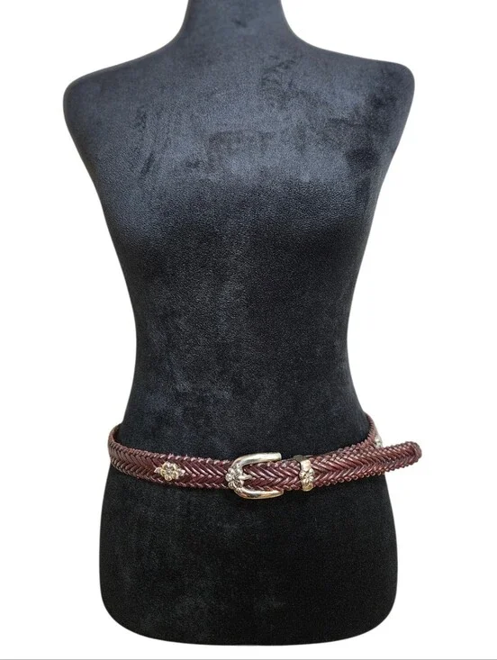 Vintage Brighton Women's Western Brown Leather Braided Flower Concho Belt Size L