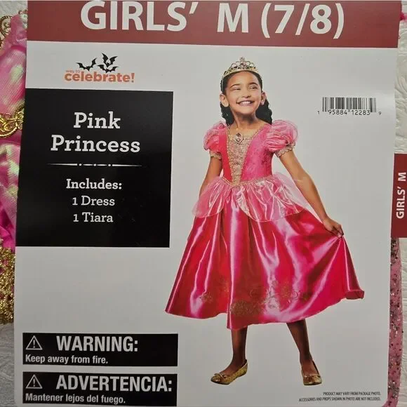 Pink Princess Costume Dress Tiara Gold Sparkled Size M 7/8 Pretend Play Cosplay