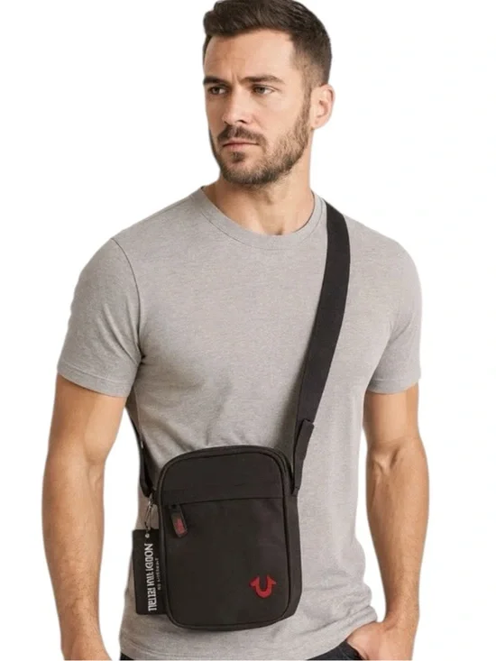 True Religion Men’s Black Logo Crossbody Bag Small Shoulder Sling Travel