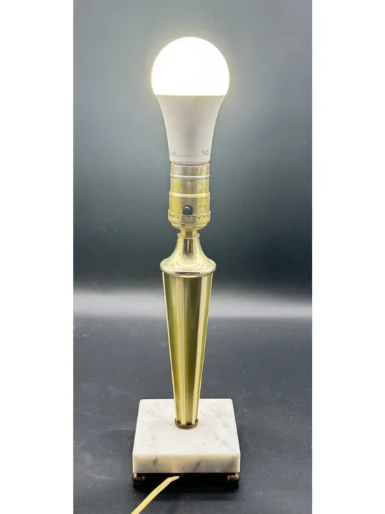 Vintage MCM Green & Cream Marble Base Table Lamp Working 11