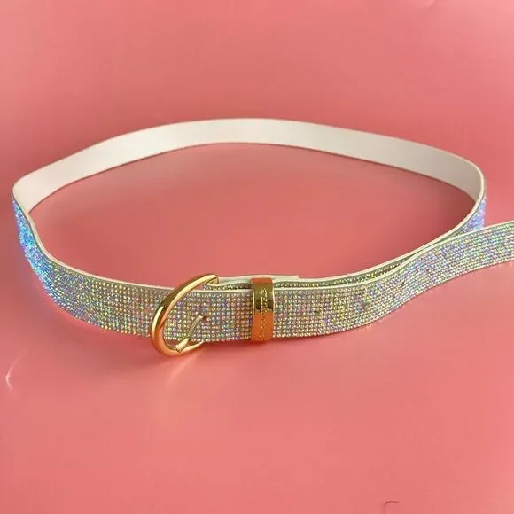 JUICY COUTURE SILVER RHINESTONES GOLD BUCKLE WHITE LEATHER BELT