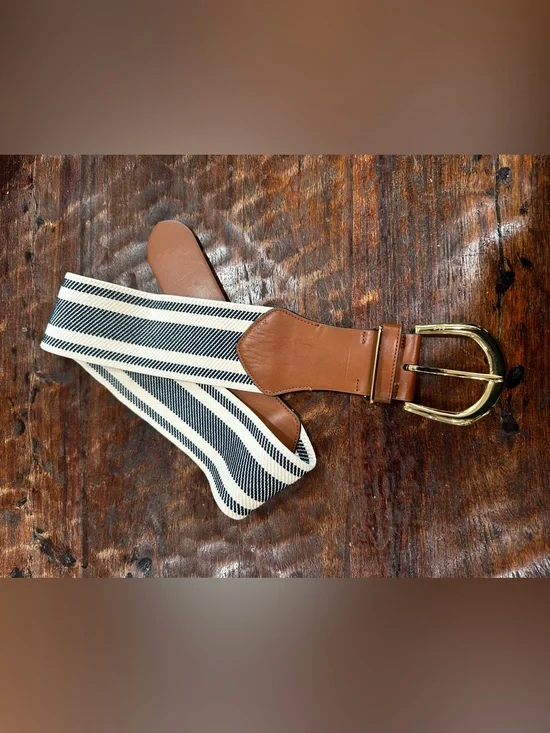 Lauren Ralph Lauren  Leather and Navy Stripe Canvas‎ belt