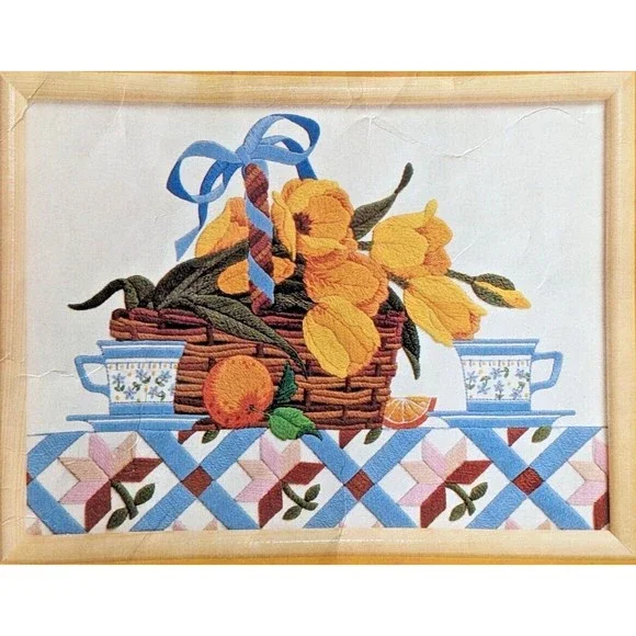 Vintage Crewel Kit Spring Bouquet 12”x16”‎ Still Life w/ Tulips Orange & Quilt