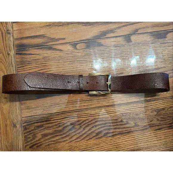 L' Immagin Brown Crackle Leather Rectangular Gold Polished Buckle Belt Size 34