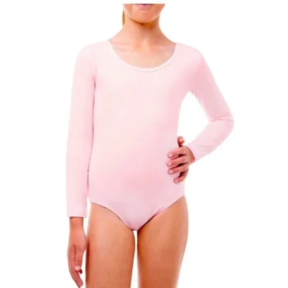 Danskin Childs Long Sleeve Leotard Petal Pink Scoop Neck Bodysuit Class Large