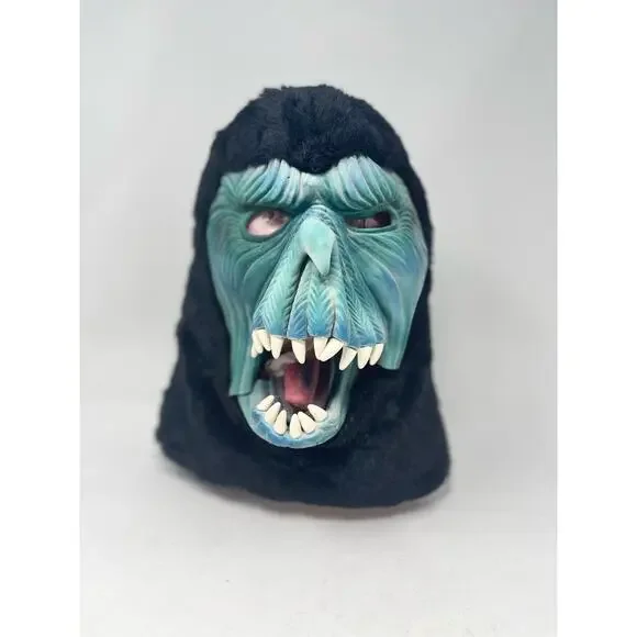 VTG Topstone Halloween Mask Green Face Black Fur‎ Hooded Monster Molded Rubber