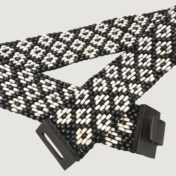 Vintage 80s Wide Wood Beaded Stretch Belt Black White Chevron Boho Waist Cinch