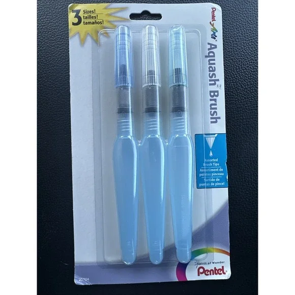 Pentel Arts Aquash Water Brush Assorted Tips. 3-pk 25104 New Unopened Sealed