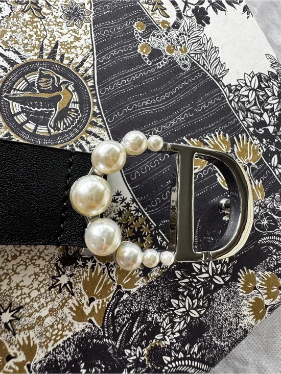 Women CD Pearl-Embellished-Silver Black Leather Belt with box