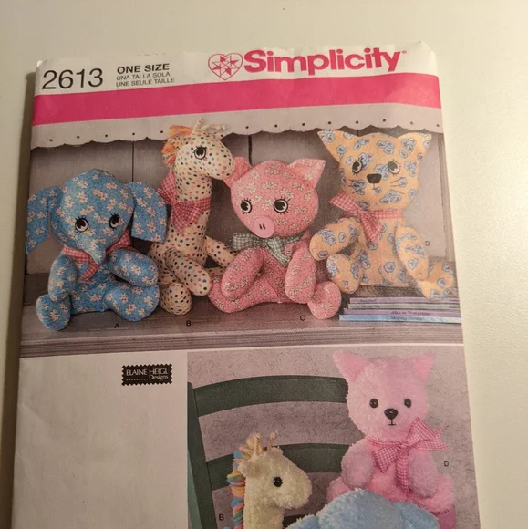 New  Simplicity 2613 Elephant, Giraffe, Pig & Bear uncut animal sewing pattern