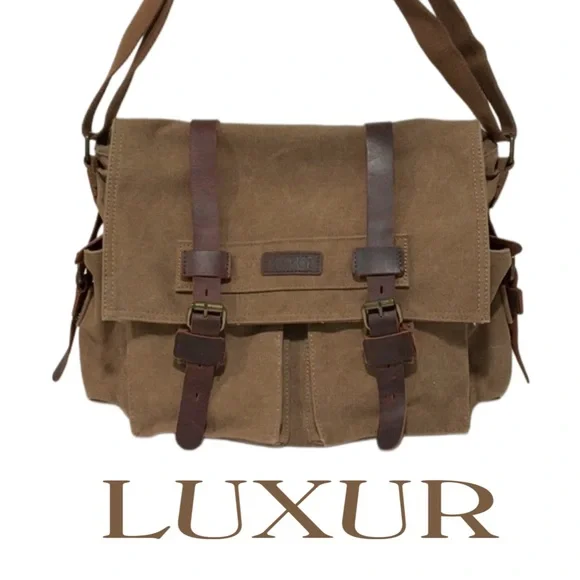 LUXUR Large Brown Canvas Messenger Bag Leather Straps