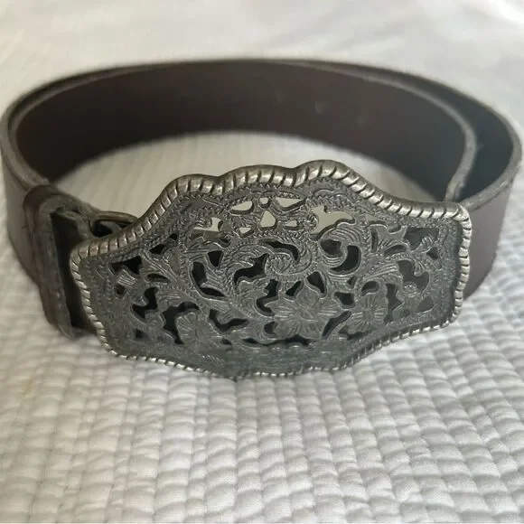 Women’s Brown Southwestern Silver Buckle Statement Belt Festival Size 39 inches