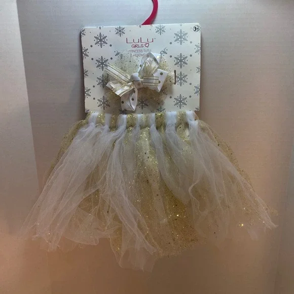 Lulu‎ Girls Princess Tutu Headwrap Set White Gold Sparkle Toddler Dress-up NEW