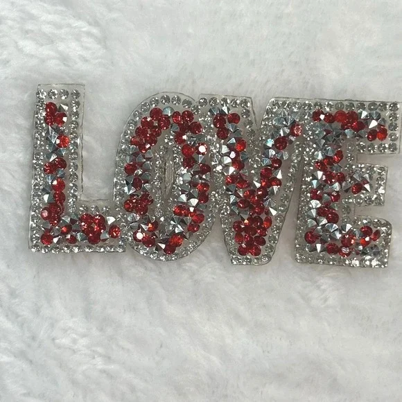 Rhinestone LOVE Iron-On Patch Red Silver Bling Applique 3.5