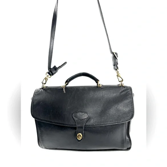 Jack Georges Vintage Turn Lock Flap Black Leather Messenger Bag Briefcase USA