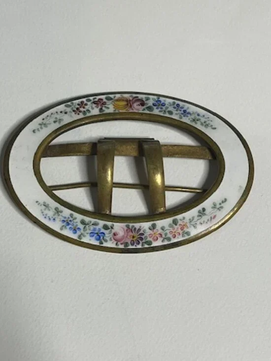 VTG Oval Enamel Floral & Brass Belt Scarf Belt Buckle Hand-Painted 3.5
