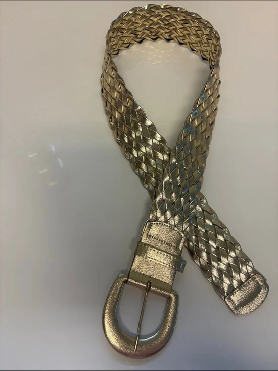 Vintage Astor Gold Metallic Braided Woven Belt Size SM Wide Horseshoe Buckle