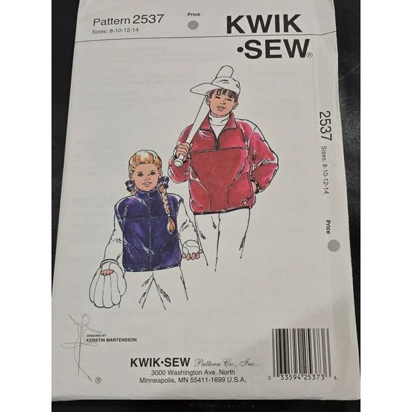 Kwik Sew 2537 Boys Girls Vest Jacket Sewing Pattern Size 8 10 12 14 Fleece Zip