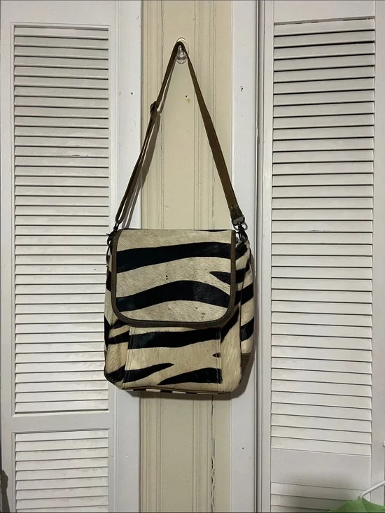 Zebra-Print Messenger Bag in Black and Cream