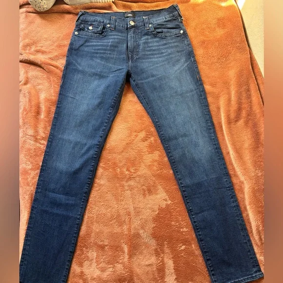 True Religion Rocco Relaxed Skinny Jeans Dark Wash Flap Pockets