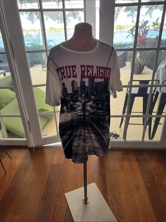 True Religion White Tee with Black Cityscape and Maroon Logo