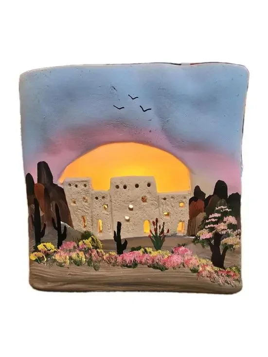 Southwest Design Pottery Accent Light Handpainted Houses W/Light READ