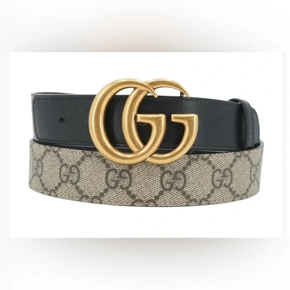 Gucci Black and Cream Belt with Gold GG Buckle