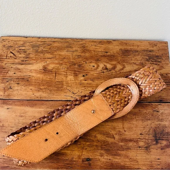 Linea Pelle Wide Woven Leather Belt - Bronze Gold Brown