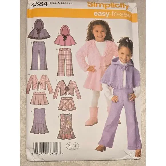 SIMPLICITY 4384 GIRLS JUMPER DRESS SKIRT PANTS JACKET PONCHO PATTERN UNCUT 3-8