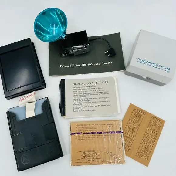 Vintage Polaroid Flash Gun 268 + Portrait Kit 581 + Film & Holder FP-100C + More
